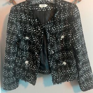 Holly Bracken tweed blazer black and white bedazzled buttons cropped small